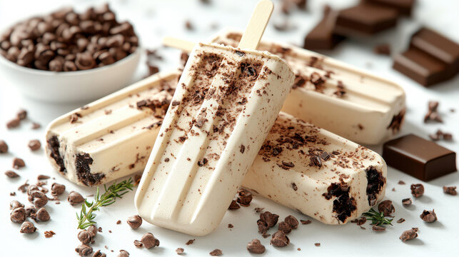 White, dark and milk chocolate on stick, creamy with almond and hazelnuts. Modern minimal food photography summer dessert vibes.