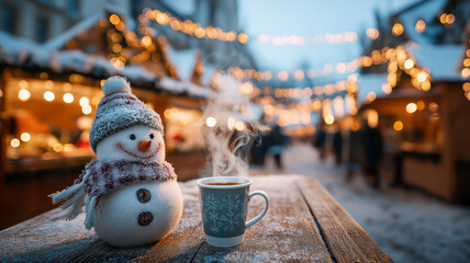 New year holiday concept. Snowman and a cup of coffee under warm festive lights.