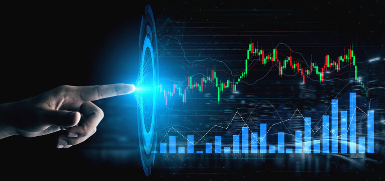 A hand is reaching towards a glowing data visualization, showcasing stock market trends with financial graphs, representing technology in investment and data analysis. Scalp