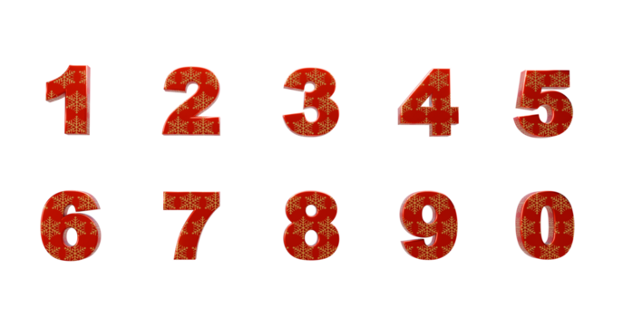 A set of festive red and gold numbers, from zero to nine, presented on a transparent background. Ideal for holiday-themed designs and celebratory projects. 
