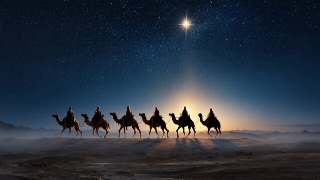 Three wise men traveling on camels following the bright Bethlehem star across desert under night sky