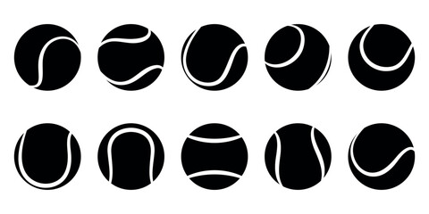 Set of black and white tennis balls from different angles. Flat vector illustration isolated on a white background.