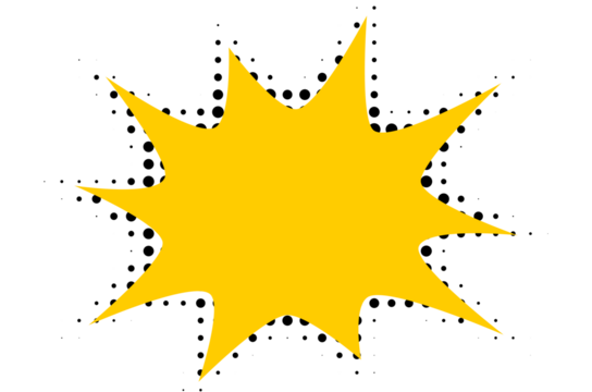 Yellow comic explosion burst shape with halftone dots isolated on transparent background, pop art star design for sale sticker, poster, and graphic decoration