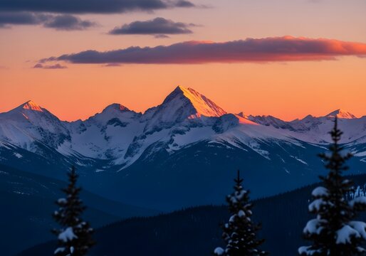 Snowcapped mountain peak at sunset with evergreen silhouettes and warm alpine sky - Powered by Adobe