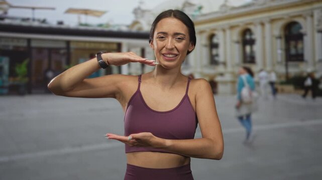 Woman in crop top framing hands in a measuring gesture on street outside ornate building; confidence wellness.