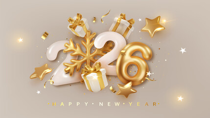 Happy New Year 2026 greeting card. 3D golden numbers with snowflake and gift box decor. Christmas holiday festive vector illustration