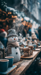 Happy New Year. Snowman surrounded by handmade presents and coffee cups.