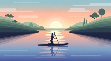 Paddleboarding Sunset River Landscape.
