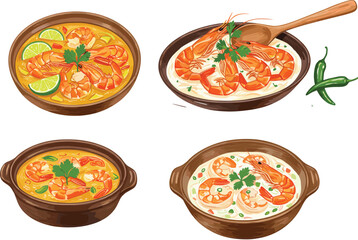 Delicious shrimp soup bowls, spicy seafood curry illustration, creamy prawn noodle broth, traditional Asian cuisine dish, fresh herbs garnish artwork