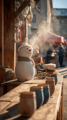 Snowman surrounded by cheerful gifts at new year market.