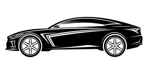 WebMinimalist vector logo of a car side view silhouette in black and white. Suitable for automotive branding, car rental logos, racing decals, t-shirt prints, and vehicle icon designs.