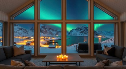 Cozy living room with large windows overlooking aurora borealis