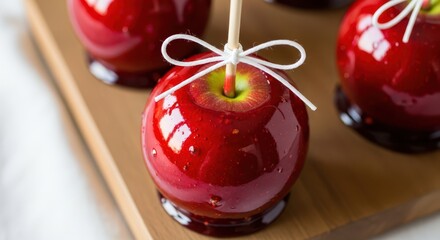 Close up of a shiny red candy apple on a wooden board