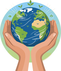 Hands holding planet Earth illustration, environmental protection concept, sustainability, ecology awareness, nature care, green global conservation design, eco friendly support artwork
