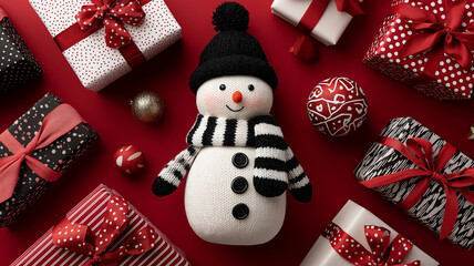 Holiday sale. Snowman with wrapped presents and ribbons on red backdrop.
