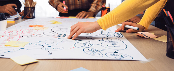 A vibrant group engaged in a brainstorming session, showcasing collaboration through colorful sticky notes and creative ideas on paper in a modern office environment. SACTR