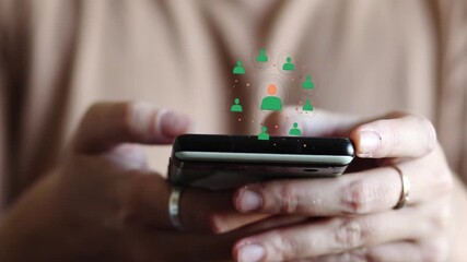 HR Talent Search. Scrolling Through Candidate Profiles on a Phone. Human Resources function, recruitment, data analysis, or the digital interaction between HR and employees, candidates - Powered by Adobe