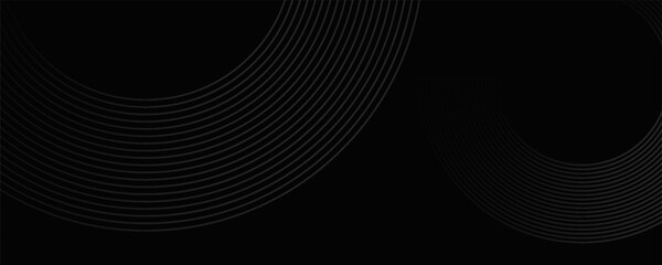 Black abstract background with circle lines. Modern black gray gradient rings. Suitable for banner, cover, poster, website, presentation, brochure, flyer, header