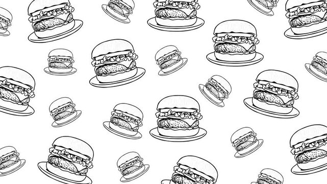 A seamless pattern of hand-drawn hamburgers arranged randomly on a clean background. The repeating burger shapes create a fun and playful food-themed backdrop suitable for culinary branding