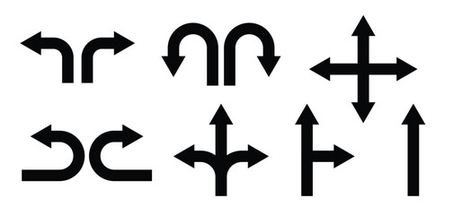 Traffic route. navigation arrow symbol icon set. direction icon. U turn, go straight, one-way, two-way, three-way direction arrow sign. vector illustration