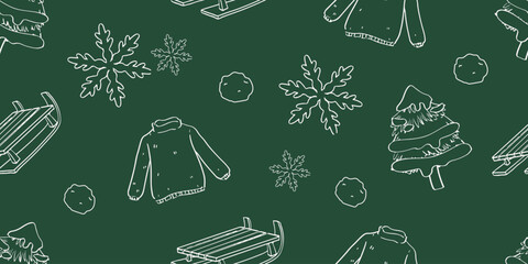 Festive seamless winter pattern with snowflakes, sweaters, sleds, and trees. Perfect for seasonal design, wrapping, or textiles.vector and illustration.