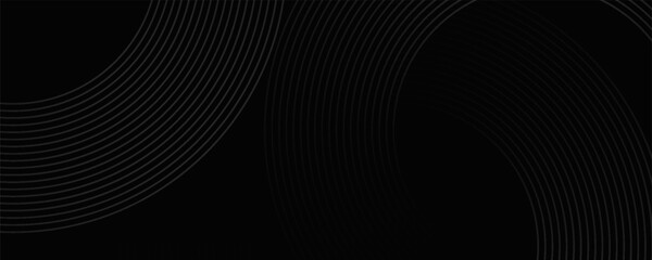 Black abstract background with circle lines. Modern black gray gradient rings. Suitable for banner, cover, poster, website, presentation, brochure, flyer, header