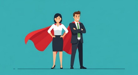 Cartoon illustration of a businesswoman with a red cape and a businessman standing confidently.
