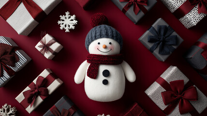 Festive celebration. Snowman with stacked packages and shiny wrapping paper.
