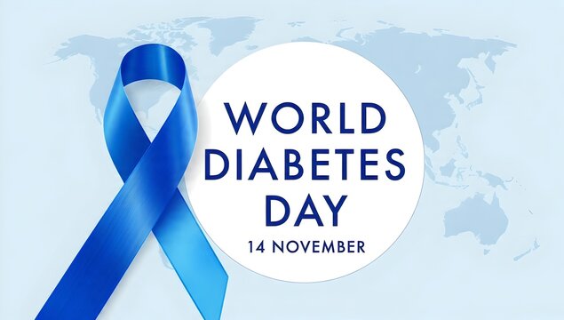 World diabetes day awareness poster banner background design with blue ribbon and circle badge on world map banner vector illustration