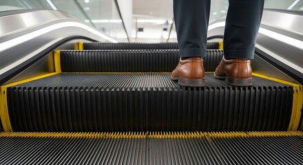 Mans feet on moving escalator.