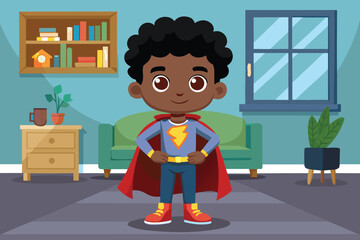 Black boy in superhero costume standing at home cape