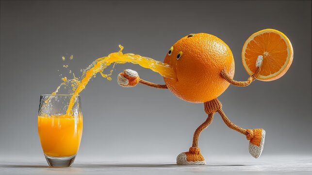 Whimsical walking orange character with juice flowing into a glass, vibrant and playful citrus concept for healthy living promotions and creative food campaigns