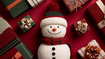 Seasonal shopping. Snowman with wrapped gifts on red decorative background.