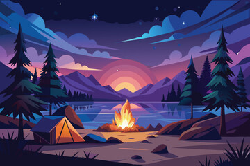 Bright campfire on a lake shore at sunset with mountains