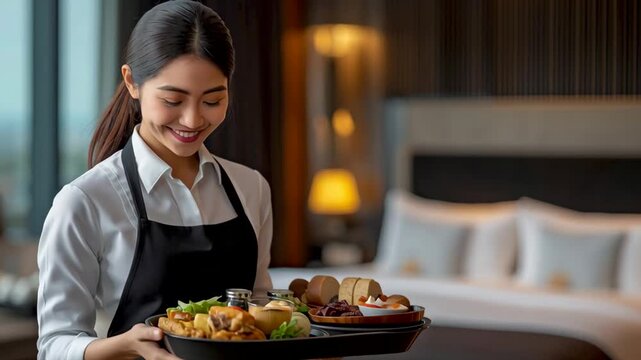 Elegant Service: A Smiling Waitress Delivers Delicious Meal on Tray: A gracious waitress in professional attire.