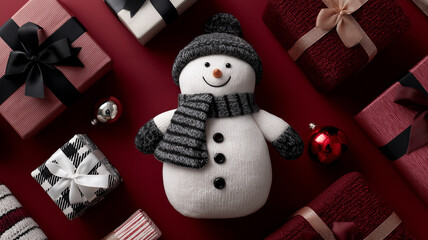 Snowman and holiday presents arranged on red scene.