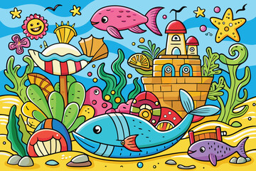 Colorful cartoon underwater scene with fish and castle
