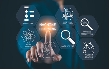 Businessman presentation about machine learning technology, scientist touching screen, artificial intelligence.