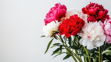 Obraz premium Bouquet of pink, red and white peonies placed on the right side of the frame, with green leaves at the base, set against a light gray background; soft-focus effect adds depth to the composition. 