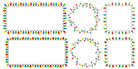 Vector image of Christmas lights. Festive decor and decoration made of colorful Christmas lights. Graphic element for your designs, Christmas cards, websites, banners, and posters.