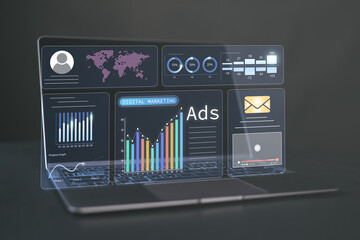 Ads dashboard screen digital.Digital marketing concept.Online advertising ,digital marketing and ad on internet to targeted customers. Digital marketing concept.