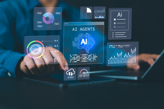 Artificial intelligence concept with AI agents and data analytics dashboard. Man working on laptop with futuristic interface for big data, machine learning, automation, and innovation.