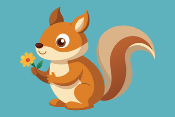 Cute cartoon squirrel holding a yellow flower animal