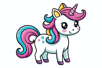 Cute cartoon unicorn with pink and blue mane and tail