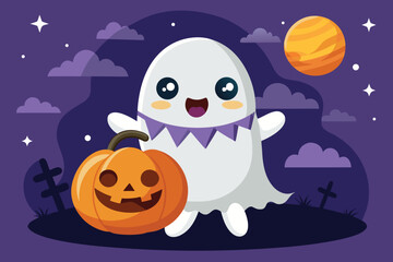 Cute ghost holding a jack o lantern on halloween night