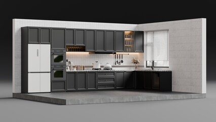 Modern Minimalist Kitchen Interior Featuring Dark Cabinetry, Marble Countertops, and Warm Cabinet Lighting in a Contemporary Home Setting - 3d Render
