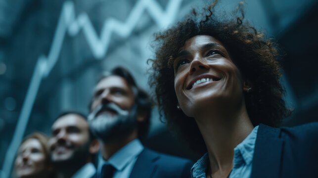 A group of diverse professionals looking up with smiles, set against a backdrop of rising financial graphs, symbolizing success and optimism in business.