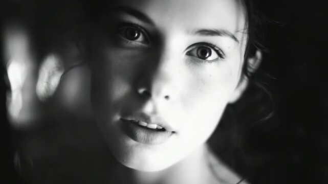Gazing into the Soul: Captivating portrait of a woman, rendered in striking monochrome, conveys introspection and vulnerability. Deep shadows and a focus on the eyes creates an intense experience.