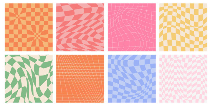 Groovy y2k checker pattern set with retro distorted grid backgrounds in pastel colors. Warped checkered textures and wavy geometric designs with trippy optical illusion effect for vintage posters.