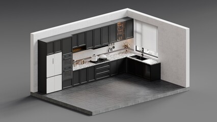 Modern Minimalist Kitchen Interior Featuring Dark Cabinetry, Marble Countertops, and Warm Cabinet Lighting in a Contemporary Home Setting - 3d Render
